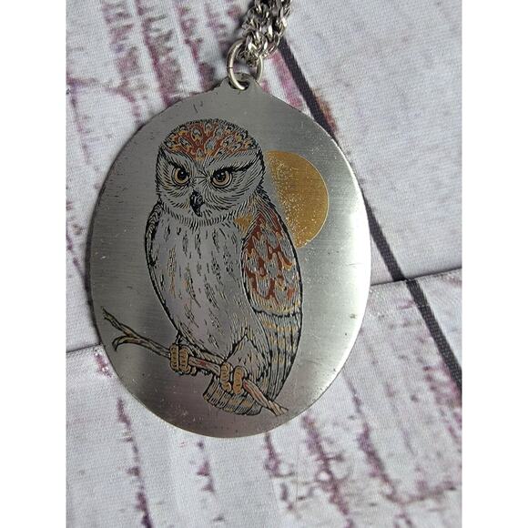 Signed Reed & Barton Damascene 11" Necklace 2 7/8" Pendant Owl Bird VTG - Picture 2 of 4